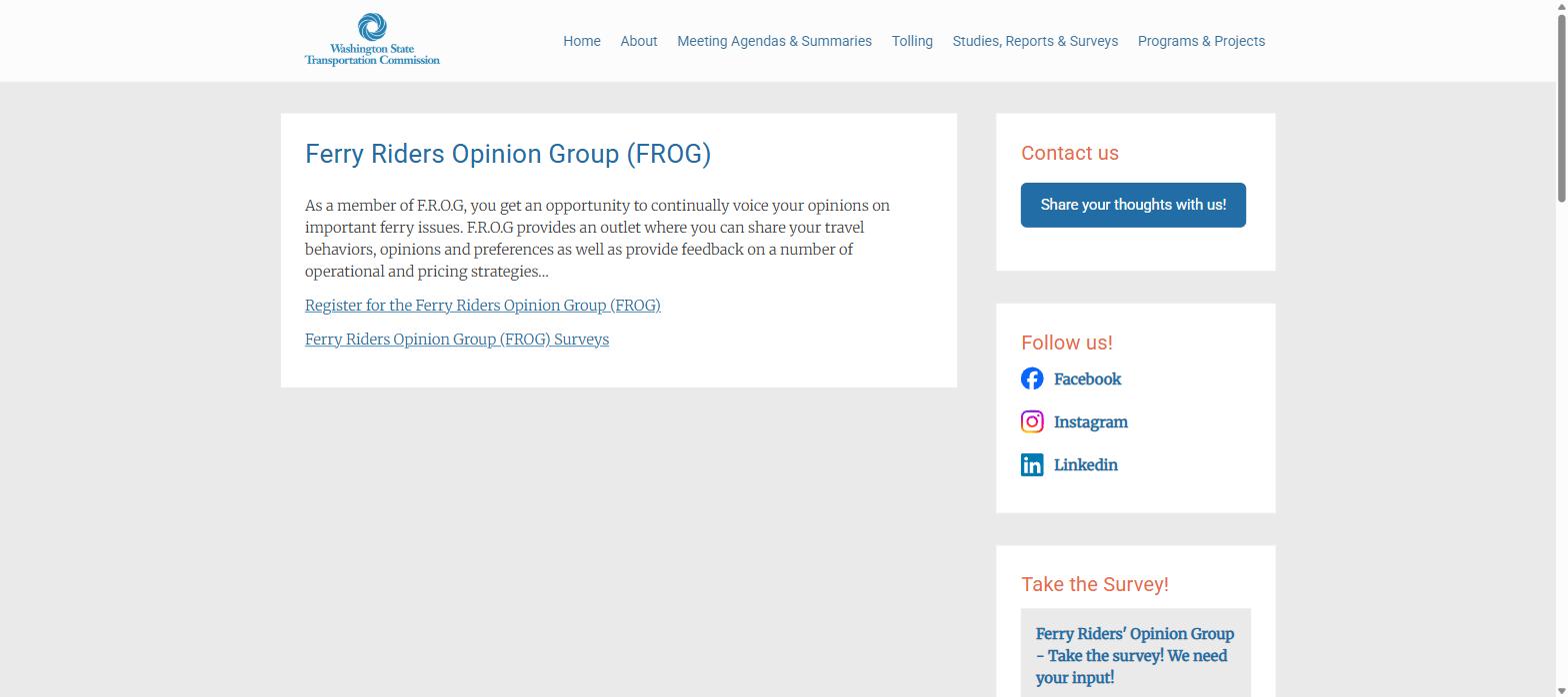 Screenshot of the Washington State Transportation Commission's Ferry Riders Opinion Group web page with a link to register.
